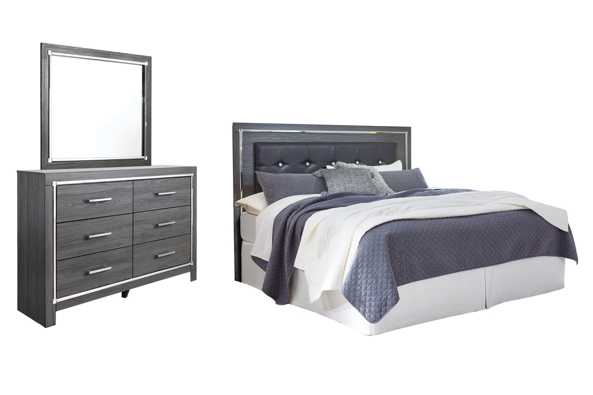 Lodanna King/California King Upholstered Panel Headboard Bed with Mirrored Dresser in Gray - PKG003492