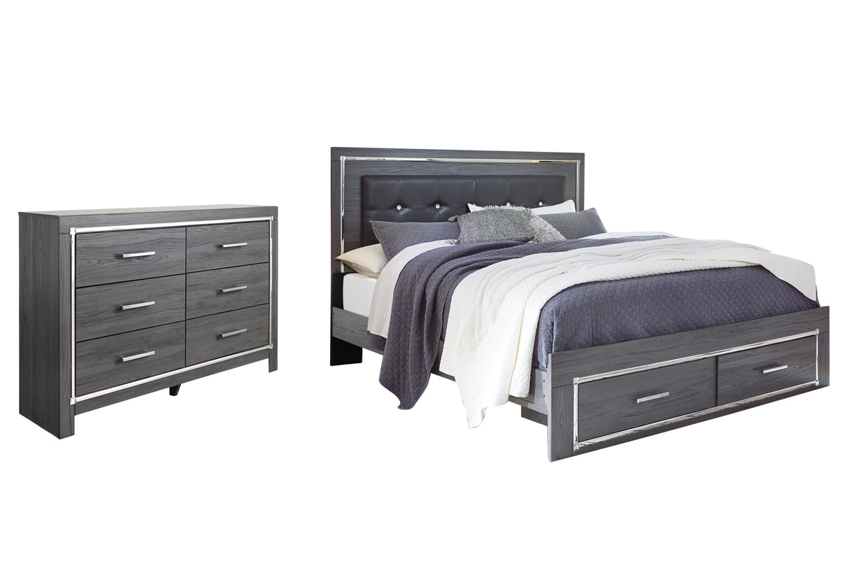 Lodanna King Panel Bed with 2 Storage Drawers with Dresser in Gray - PKG003563