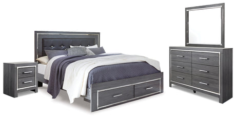 Lodanna King Panel Bed with 2 Storage Drawers with Mirrored Dresser and Nightstand in Gray from Ashley - Luna Furniture