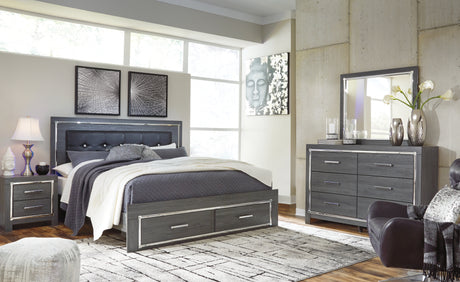 Lodanna King Panel Bed with 2 Storage Drawers with Mirrored Dresser and Nightstand in Gray - PKG014063