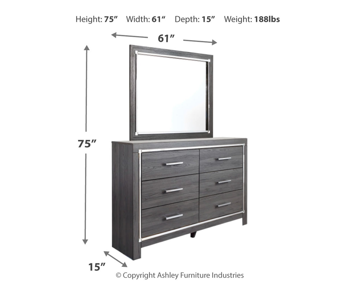 Lodanna King Panel Bed with 2 Storage Drawers with Mirrored Dresser and Nightstand in Gray - PKG014063