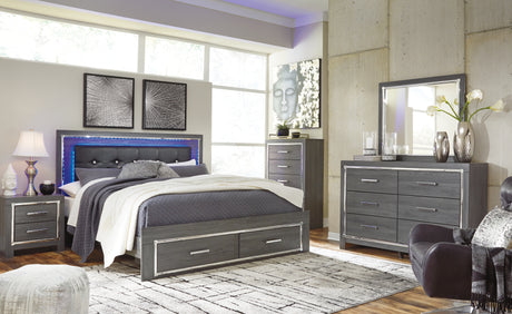 Lodanna King Panel Bed with 2 Storage Drawers with Mirrored Dresser, Chest and Nightstand in Gray from Ashley - Luna Furniture