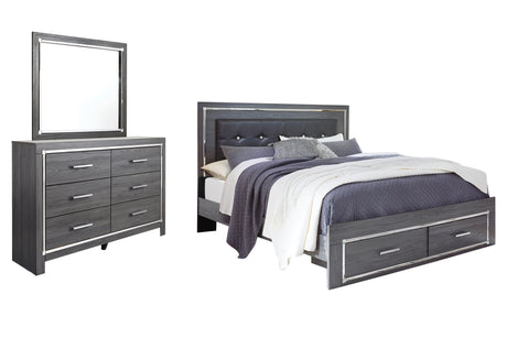 Lodanna King Panel Bed with 2 Storage Drawers with Mirrored Dresser in Gray from Ashley - Luna Furniture