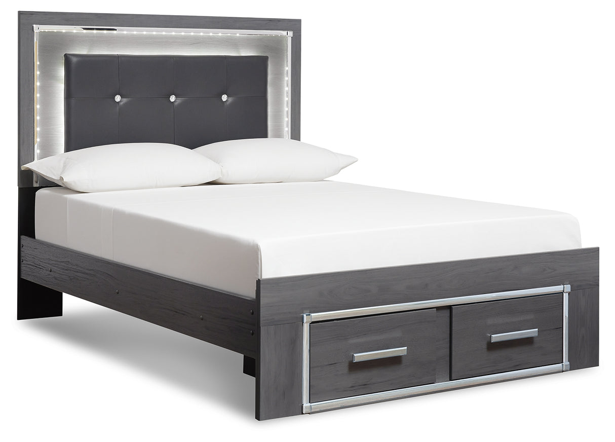 Lodanna King Panel Bed with 2 Storage Drawers with Mirrored Dresser in Gray from Ashley - Luna Furniture