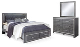 Lodanna King Panel Bed with 2 Storage Drawers with Mirrored Dresser in Gray - PKG003589