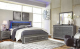 Lodanna King Panel Bed with 2 Storage Drawers with Mirrored Dresser in Gray - PKG003589