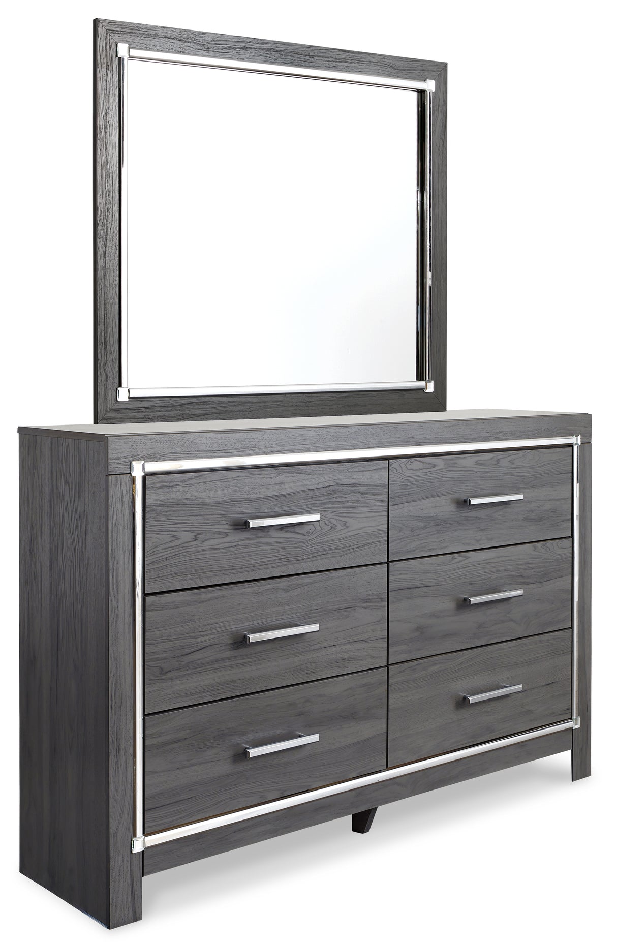 Lodanna King Panel Bed with 2 Storage Drawers with Mirrored Dresser in Gray - PKG003589