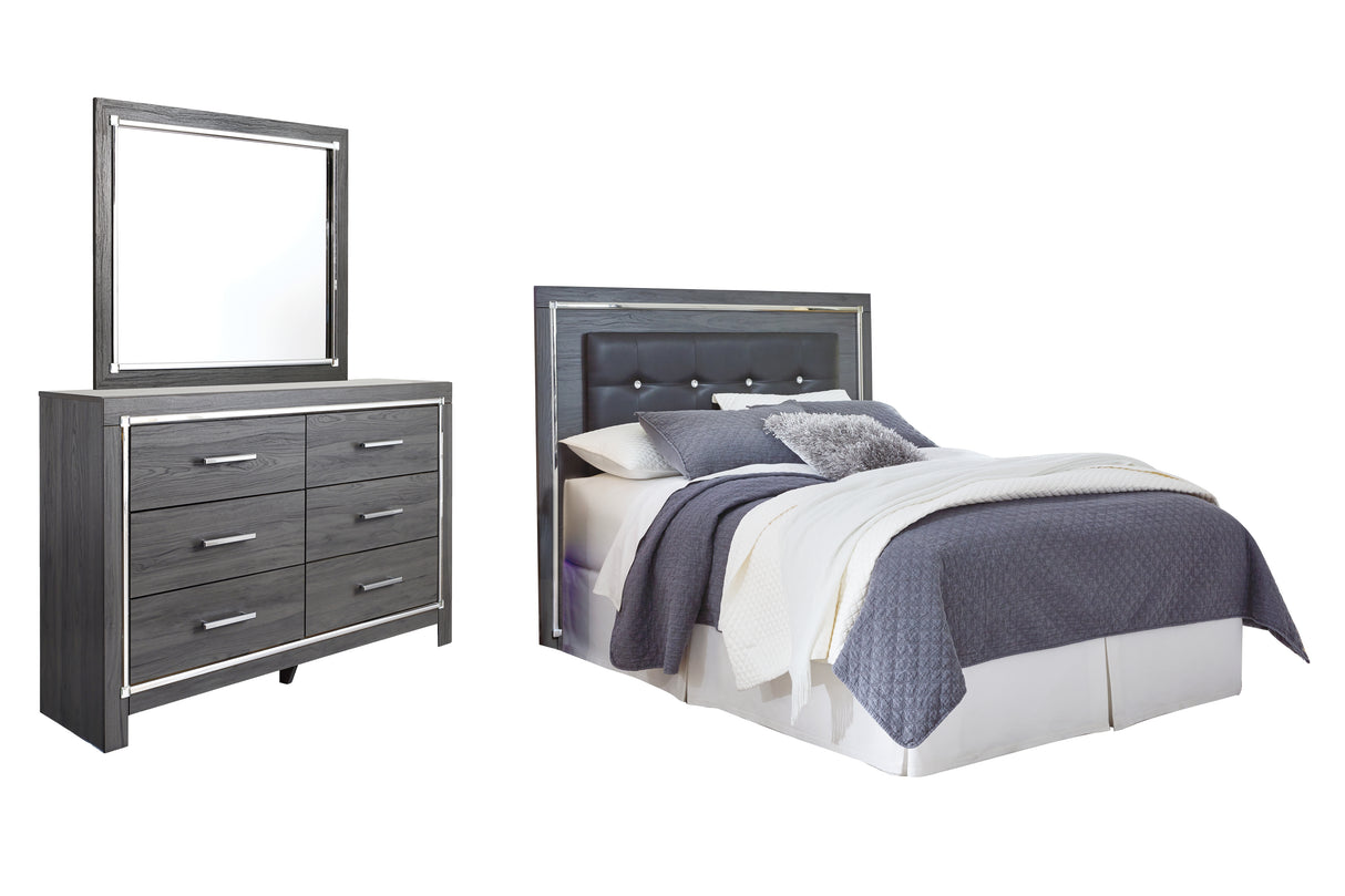 Lodanna Queen/Full Upholstered Panel Headboard Bed with Mirrored Dresser in Gray - PKG003486