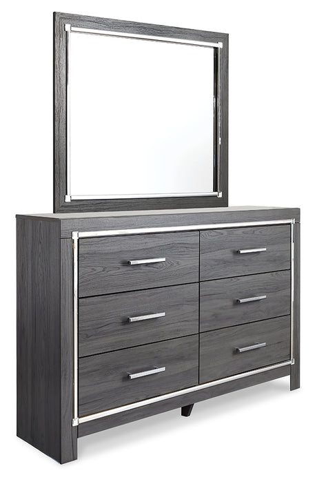 Lodanna Queen Panel Bed with 2 Storage Drawers with Mirrored Dresser and Nightstand in Gray - PKG014037