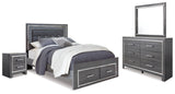 Lodanna Queen Panel Bed with 2 Storage Drawers with Mirrored Dresser and Nightstand in Gray from Ashley - Luna Furniture