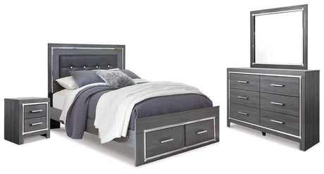 Lodanna Queen Panel Bed with 2 Storage Drawers with Mirrored Dresser and Nightstand in Gray - PKG014037