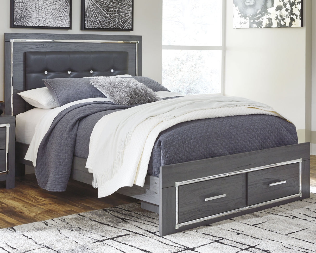 Lodanna Queen Panel Bed with 2 Storage Drawers with Mirrored Dresser and Nightstand in Gray from Ashley - Luna Furniture