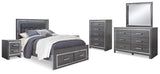 Lodanna Queen Panel Bed with 2 Storage Drawers with Mirrored Dresser, Chest and 2 Nightstands in Gray - PKG003605