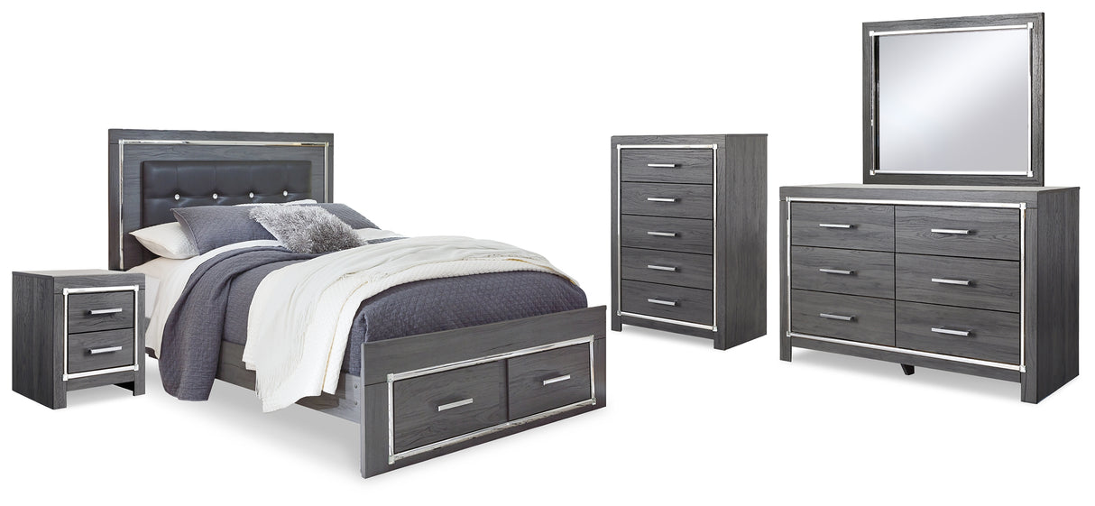 Lodanna Queen Panel Bed with 2 Storage Drawers with Mirrored Dresser, Chest and Nightstand in Gray - PKG003604