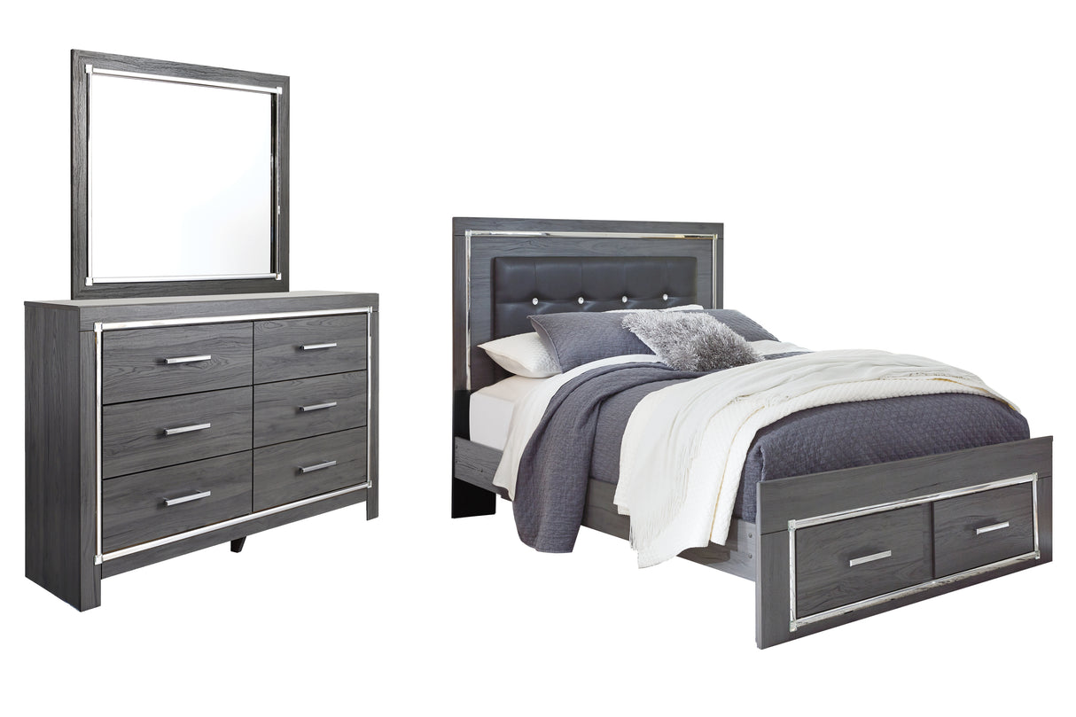 Lodanna Queen Panel Bed with 2 Storage Drawers with Mirrored Dresser in Gray - PKG003583