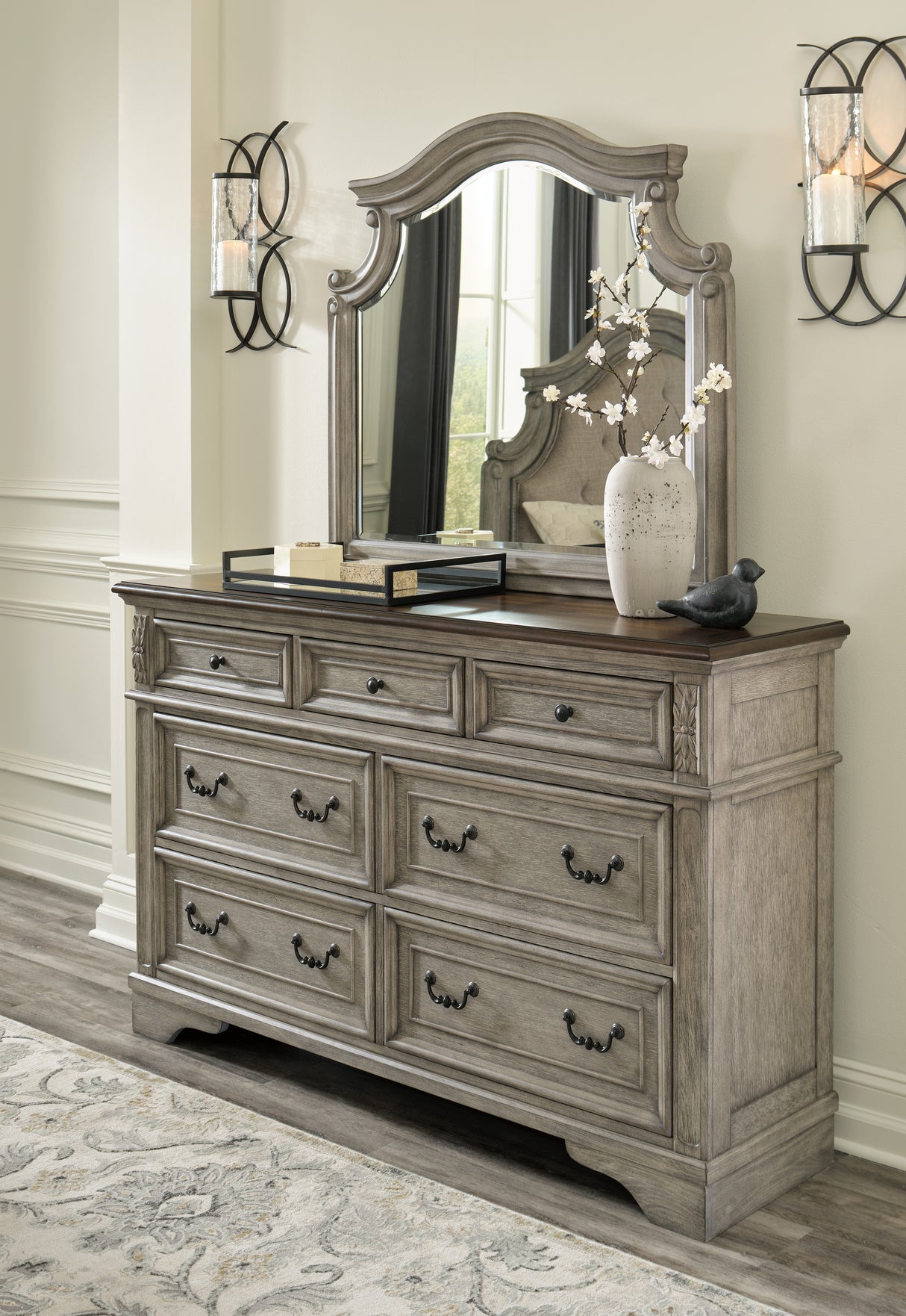 Lodenbay California King Panel Bed with Mirrored Dresser and 2 Nightstands in Antique Gray from Ashley - Luna Furniture