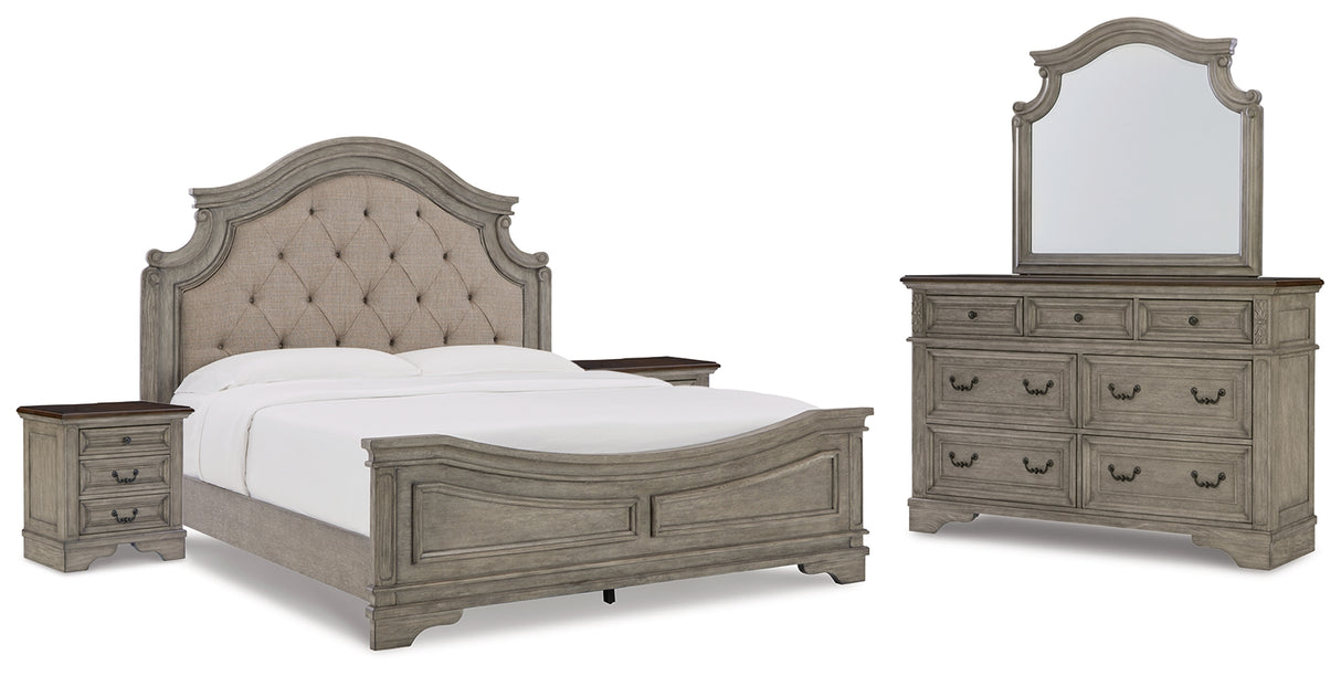 Lodenbay California King Panel Bed with Mirrored Dresser and 2 Nightstands in Antique Gray from Ashley - Luna Furniture