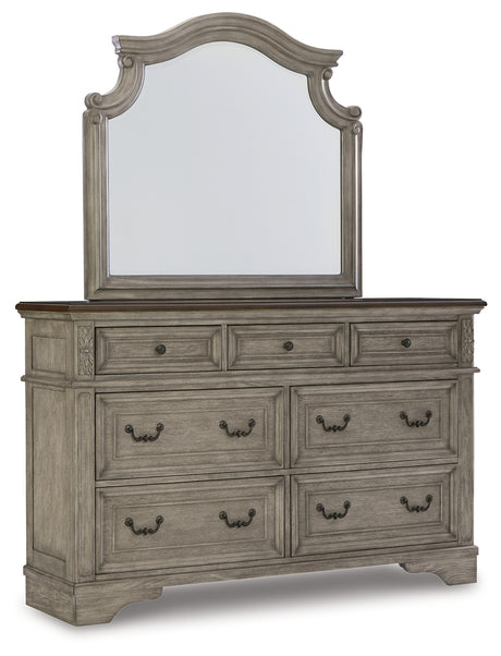 Lodenbay California King Panel Bed with Mirrored Dresser and Chest in Antique Gray from Ashley - Luna Furniture