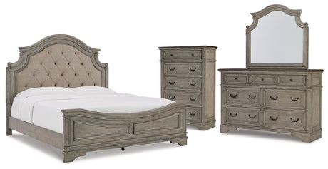 Lodenbay California King Panel Bed with Mirrored Dresser and Chest in Antique Gray from Ashley - Luna Furniture