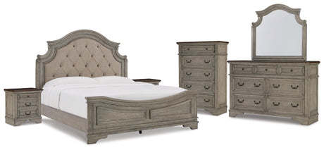 Lodenbay California King Panel Bed with Mirrored Dresser, Chest and 2 Nightstands in Antique Gray from Ashley - Luna Furniture