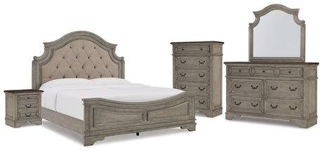 Lodenbay California King Panel Bed with Mirrored Dresser, Chest and Nightstand in Antique Gray from Ashley - Luna Furniture