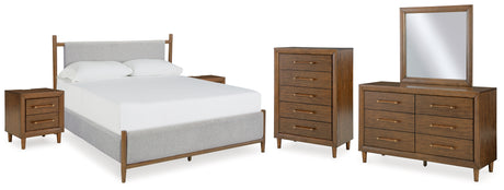 Lyncott California King Upholstered Bed with Mirrored Dresser, Chest and 2 Nightstands in Brown - PKG018990