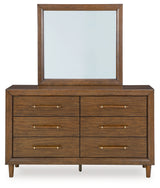 Lyncott Queen Upholstered Bed with Mirrored Dresser, Chest and 2 Nightstands in Brown - PKG018982