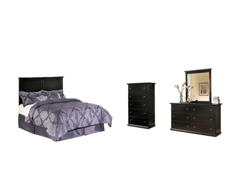 Maribel Full Panel Headboard Bed with Mirrored Dresser and Chest in Black - PKG002688