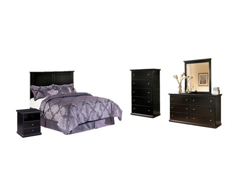 Maribel Full Panel Headboard Bed with Mirrored Dresser, Chest and Nightstand in Black - PKG002689