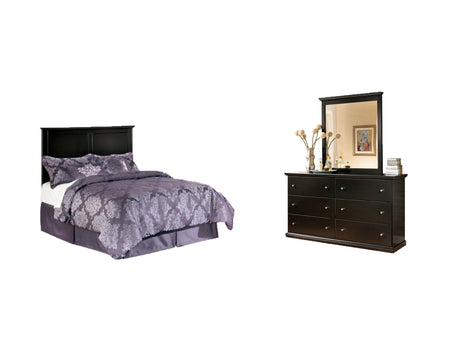 Maribel Full Panel Headboard Bed with Mirrored Dresser in Black - PKG002686