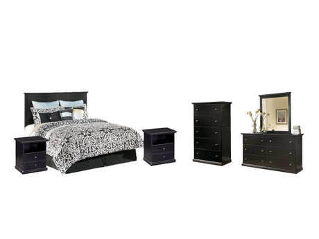 Maribel Queen/Full Panel Headboard Bed with Mirrored Dresser, Chest and 2 Nightstands in Black from Ashley - Luna Furniture