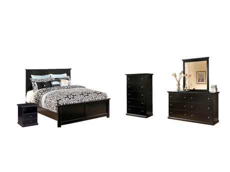 Maribel Queen Panel Bed with Mirrored Dresser, Chest and Nightstand in Black - PKG002707