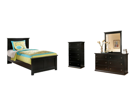 Maribel Twin Panel Bed with Mirrored Dresser and Chest in Black - PKG002718