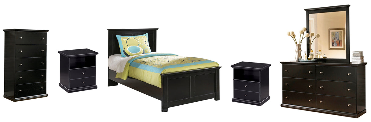 Maribel Twin Panel Bed with Mirrored Dresser, Chest and 2 Nightstands in Black from Ashley - Luna Furniture