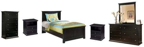 Maribel Twin Panel Bed with Mirrored Dresser, Chest and 2 Nightstands in Black - PKG002720