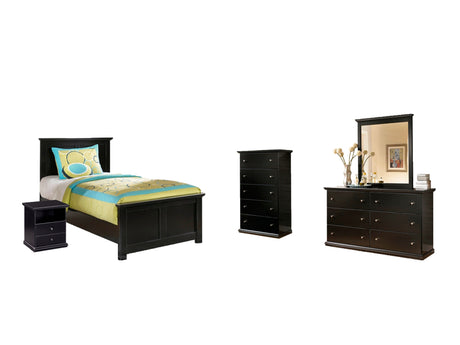 Maribel Twin Panel Bed with Mirrored Dresser, Chest and Nightstand in Black - PKG002719