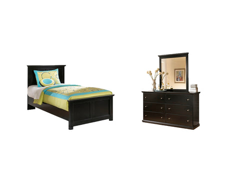 Maribel Twin Panel Bed with Mirrored Dresser in Black - PKG002716