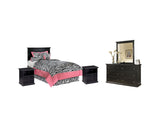 Maribel Twin Panel Headboard Bed with Mirrored Dresser and 2 Nightstands in Black from Ashley - Luna Furniture