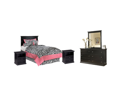 Maribel Twin Panel Headboard Bed with Mirrored Dresser and 2 Nightstands in Black from Ashley - Luna Furniture