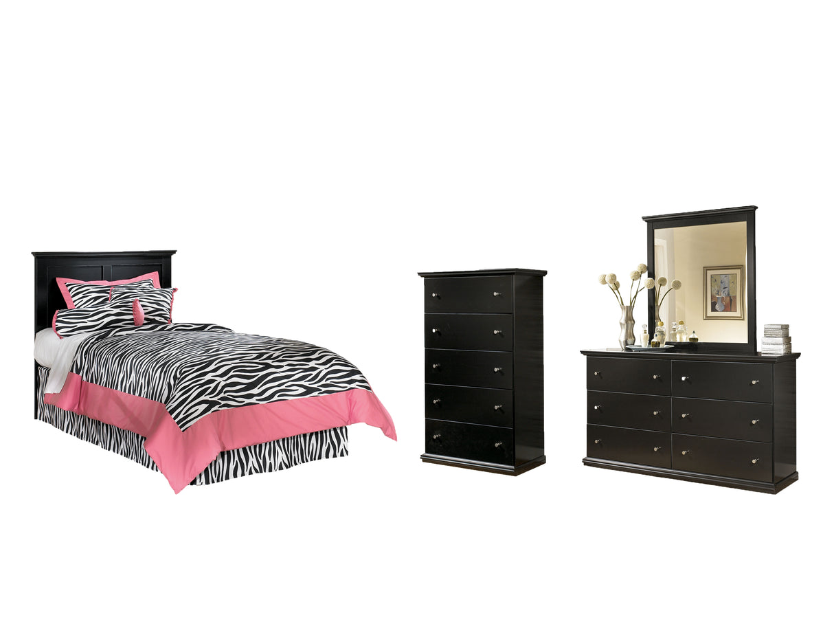 Maribel Twin Panel Headboard Bed with Mirrored Dresser and Chest in Black from Ashley - Luna Furniture