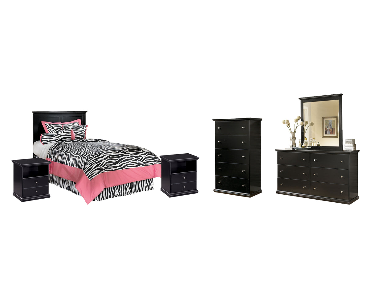 Maribel Twin Panel Headboard Bed with Mirrored Dresser, Chest and 2 Nightstands in Black from Ashley - Luna Furniture