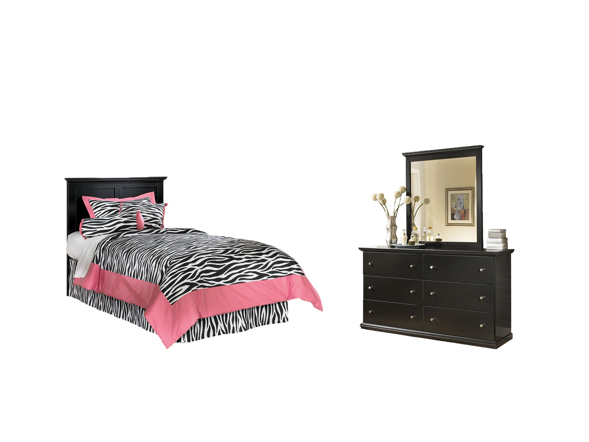 Maribel Twin Panel Headboard Bed with Mirrored Dresser in Black from Ashley - Luna Furniture