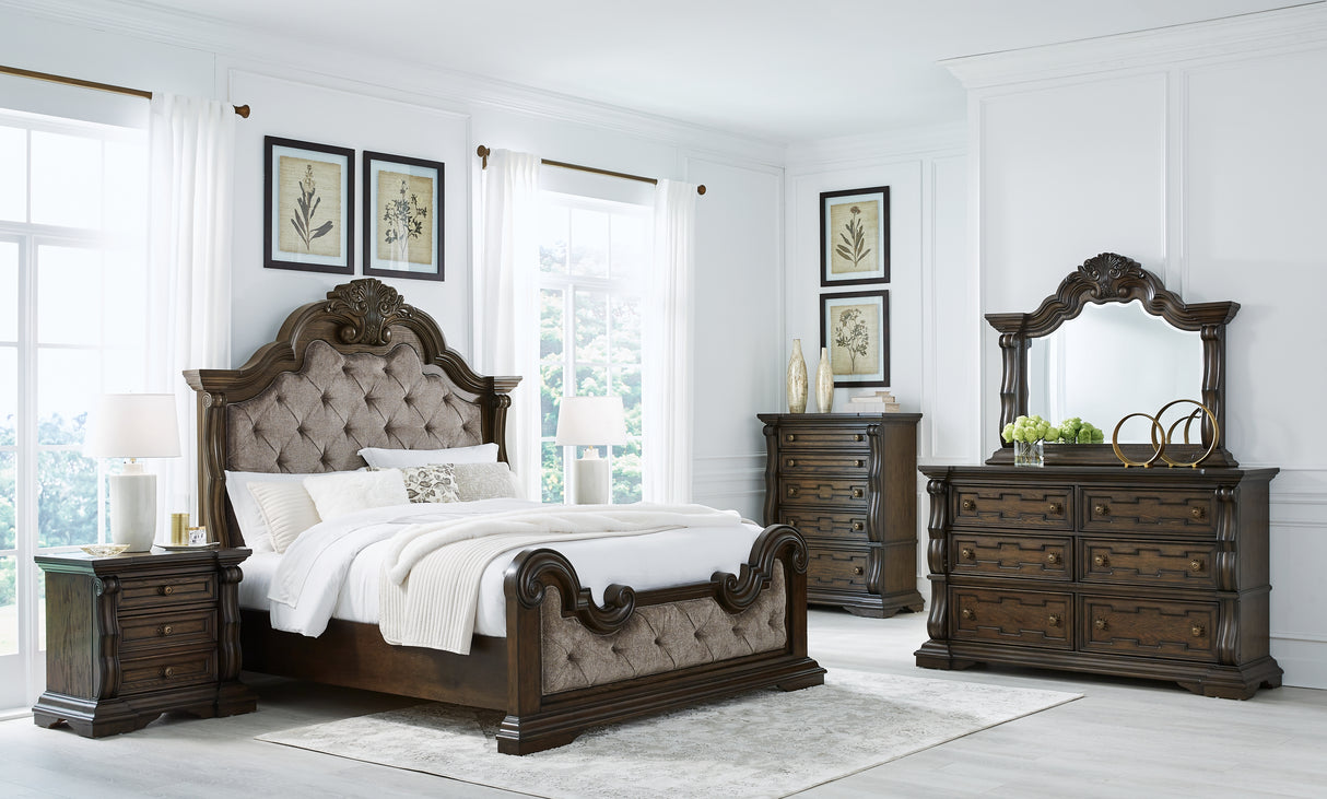 Maylee California King Upholstered Bed with Dresser in Dark Brown - PKG017051