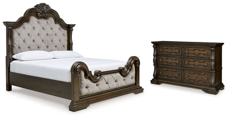 Maylee California King Upholstered Bed with Dresser in Dark Brown - PKG017051