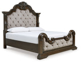 Maylee California King Upholstered Bed with Dresser in Dark Brown - PKG017051