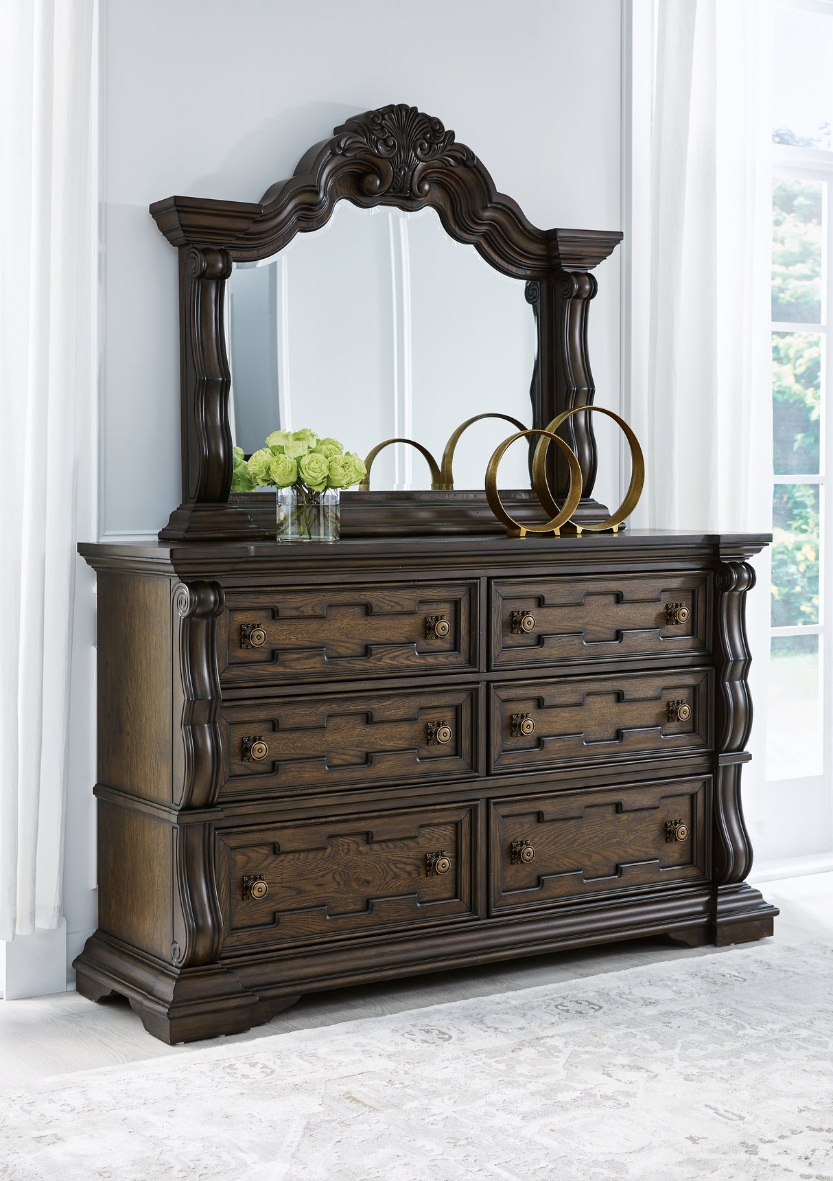 Maylee California King Upholstered Bed with Mirrored Dresser and Nightstand in Dark Brown - PKG017057