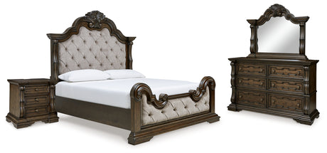 Maylee California King Upholstered Bed with Mirrored Dresser and Nightstand in Dark Brown - PKG017057