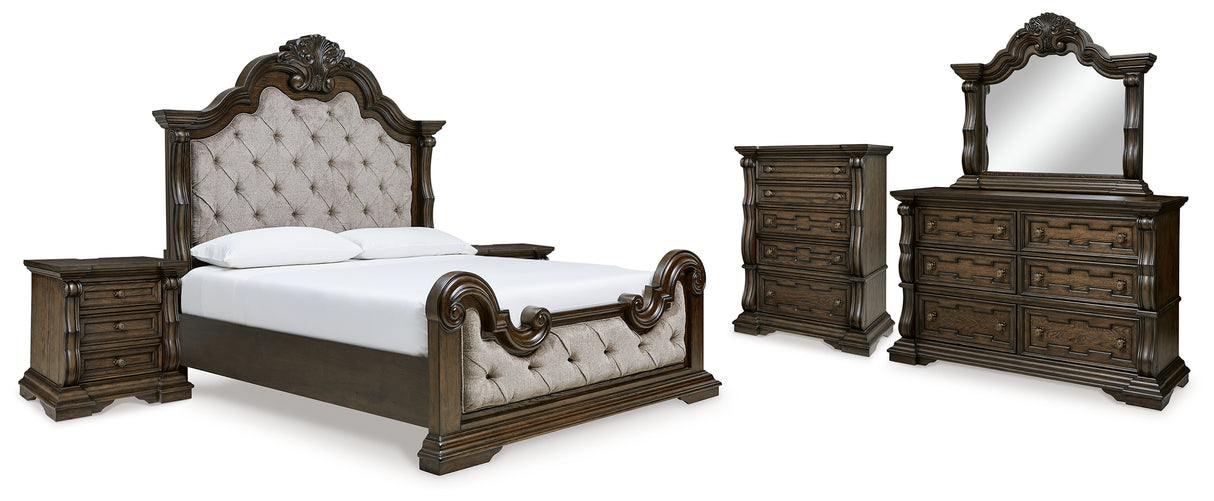 Maylee California King Upholstered Bed with Mirrored Dresser, Chest and 2 Nightstands in Dark Brown - PKG017056