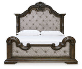 Maylee California King Upholstered Bed with Mirrored Dresser, Chest and 2 Nightstands in Dark Brown - PKG017056