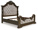 Maylee California King Upholstered Bed with Mirrored Dresser, Chest and 2 Nightstands in Dark Brown - PKG017056